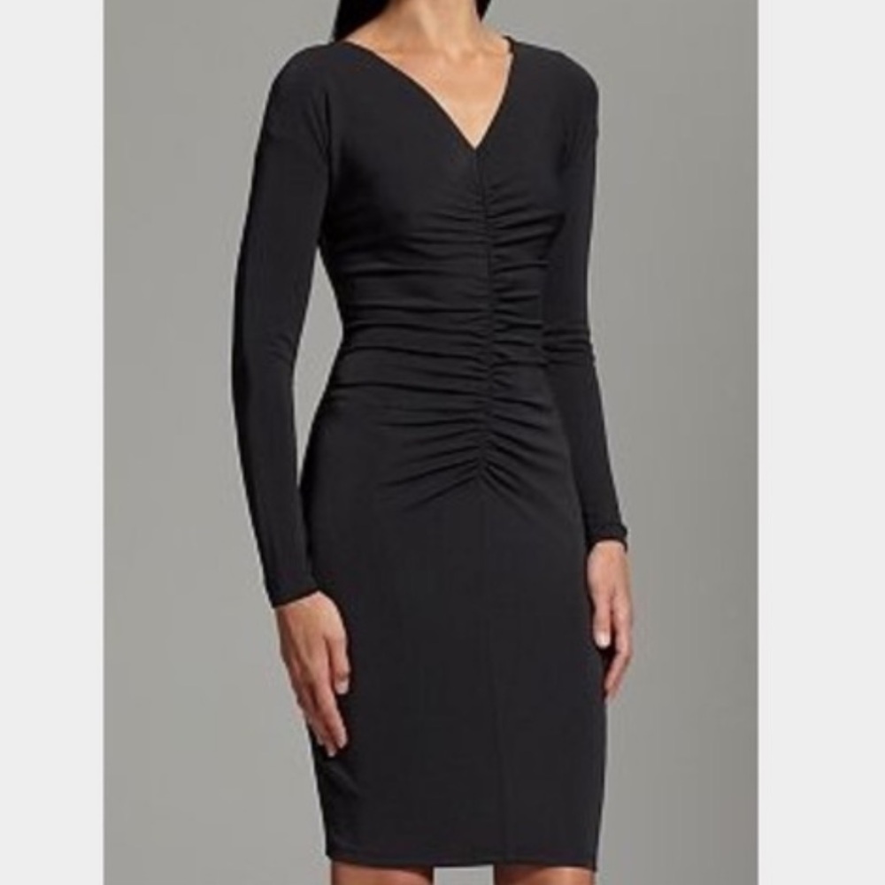 Narciso Rodriguez Black V-Neck Long Sleeve Ruched Bodycon Mini Dress
